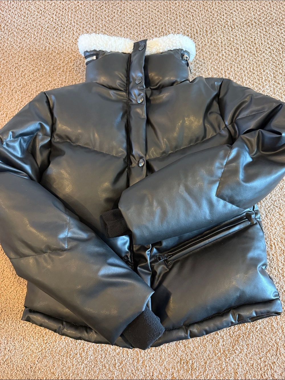 SAM. Faux Leather Puffer Jacket Girls’ Size 14 Off-White Sherpa Neck Liner